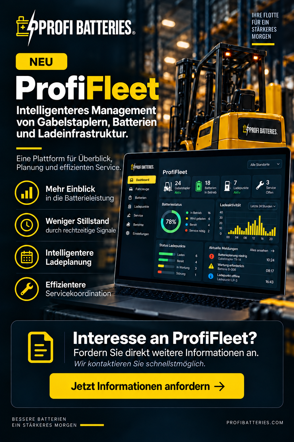 ProfiFleet: intelligenteres Management von Gabelstaplern, Batterien und Ladeinfrastruktur. Jetzt Informationen anfordern.